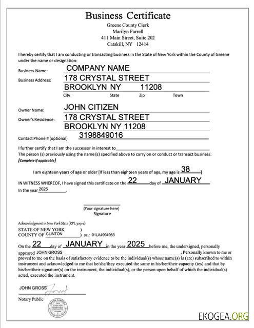 Modèle Word et PDF de certificat d'entreprise USA New York